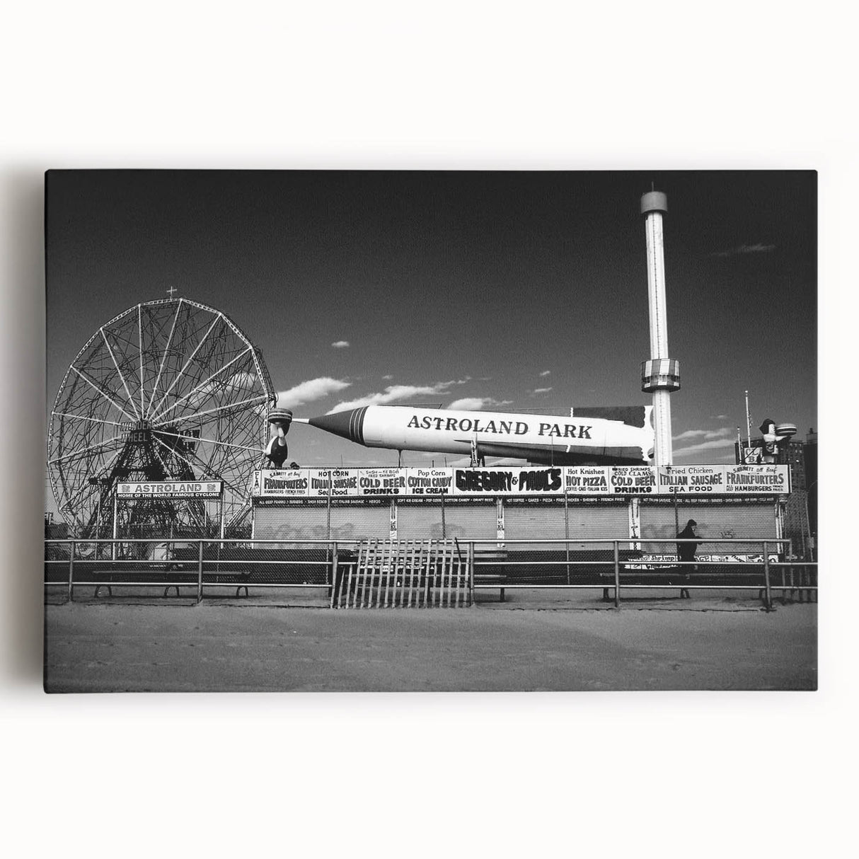 Black and white stretched canvas of Coney Island scenery, ideal for kitchen wall art.