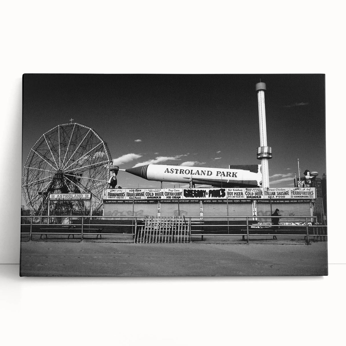 Black and white stretched canvas depicting Coney Island scenery, ideal for kitchen wall art or bedroom decor.