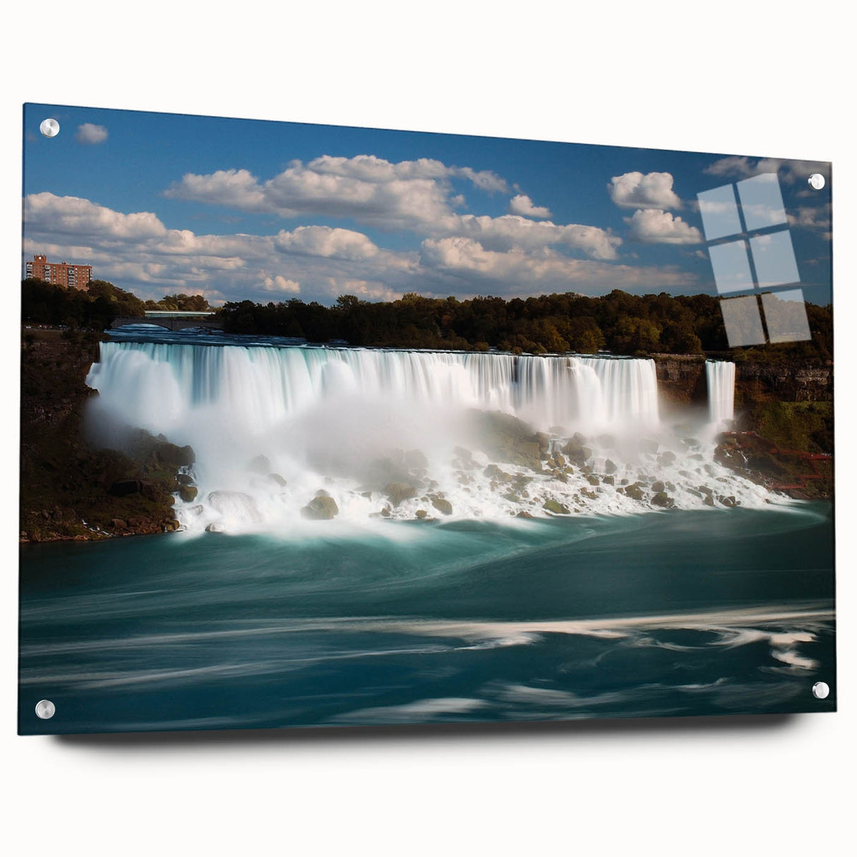 Acrylic print of Niagara Falls in vibrant blues and greens, ideal for dining room decor.