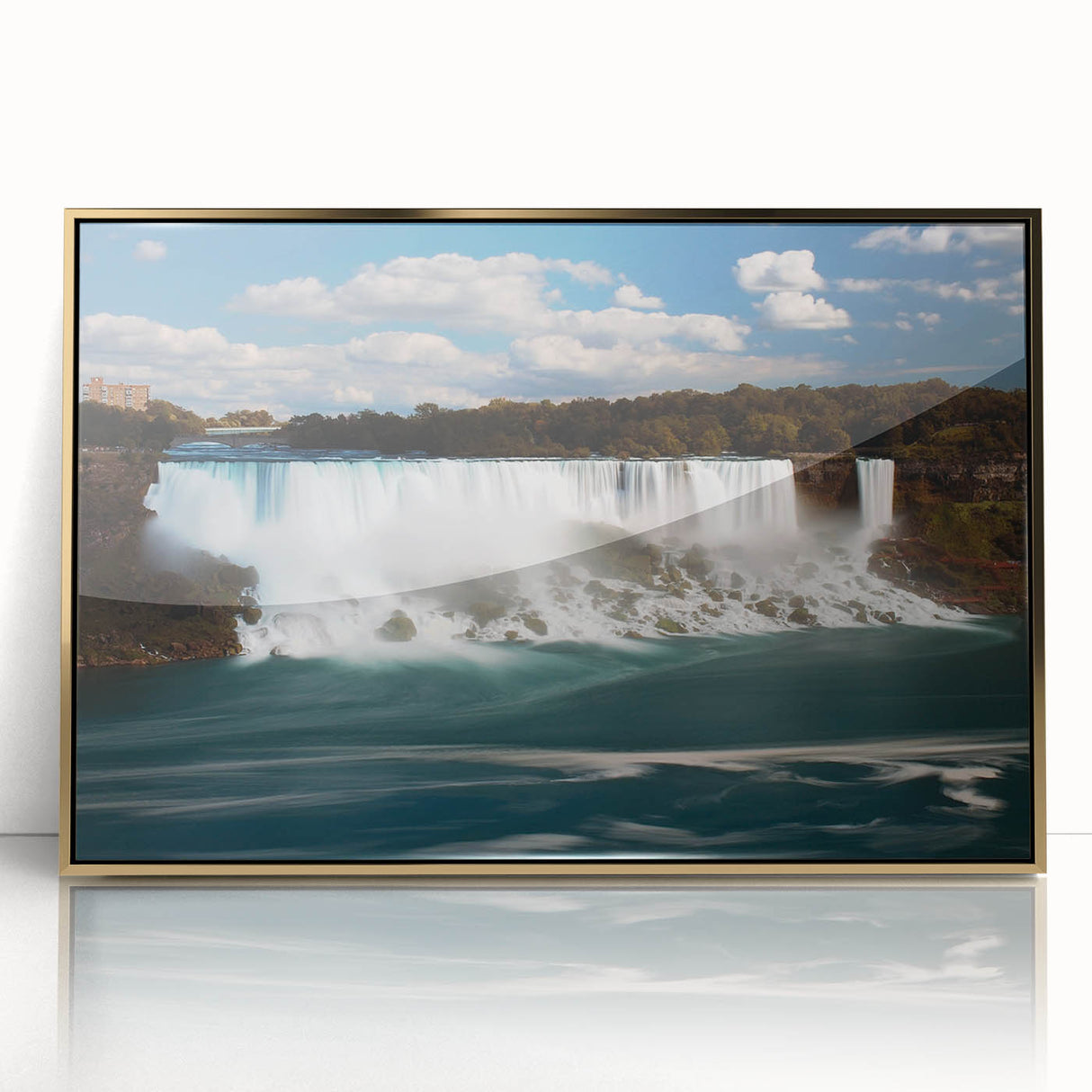 Acrylic print of Niagara Falls in mid-century modernist style with gold frame, suitable for nursery wall art.