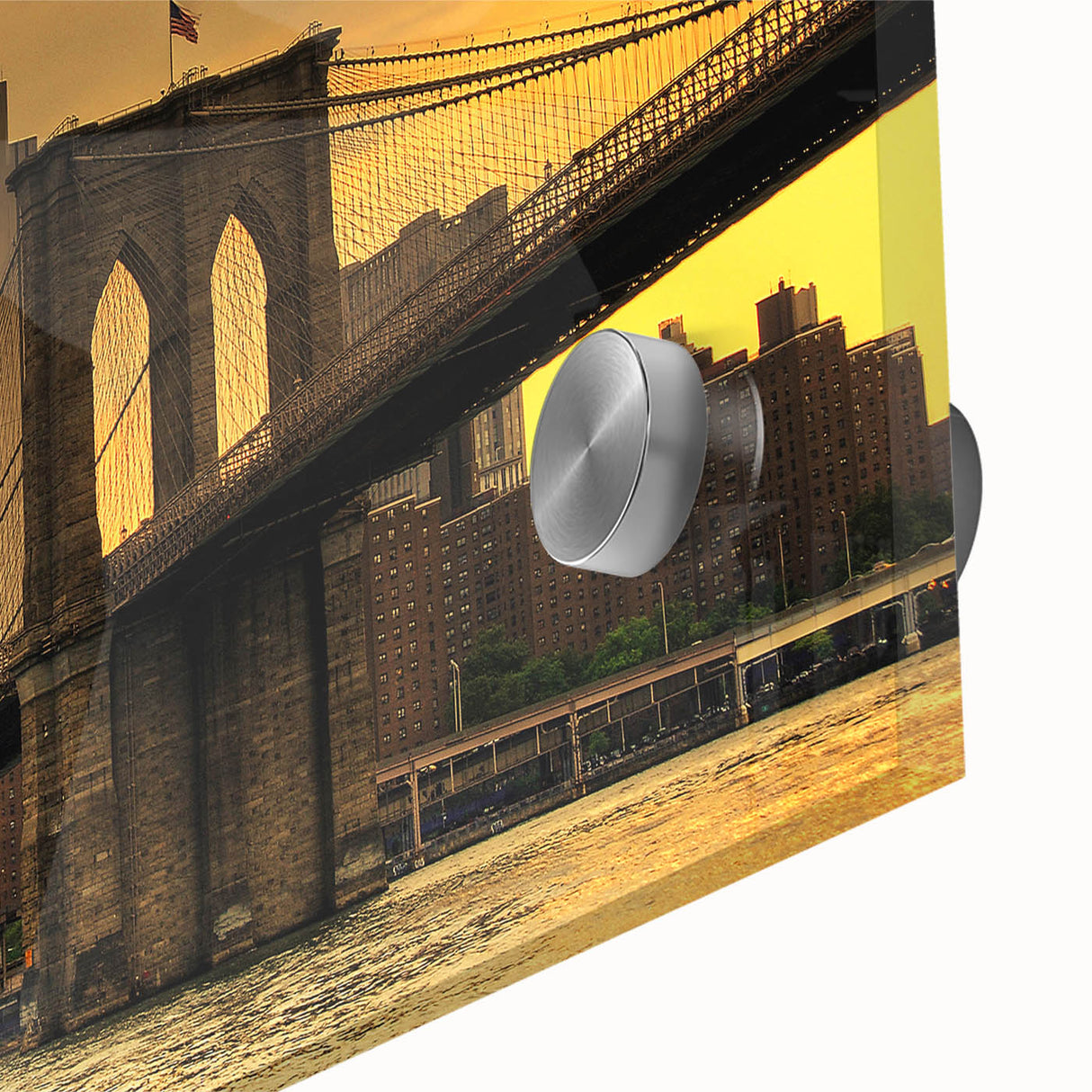 Acrylic print of the Brooklyn Bridge in muted gray tones, ideal for dining room art with a mid-century modernist style.