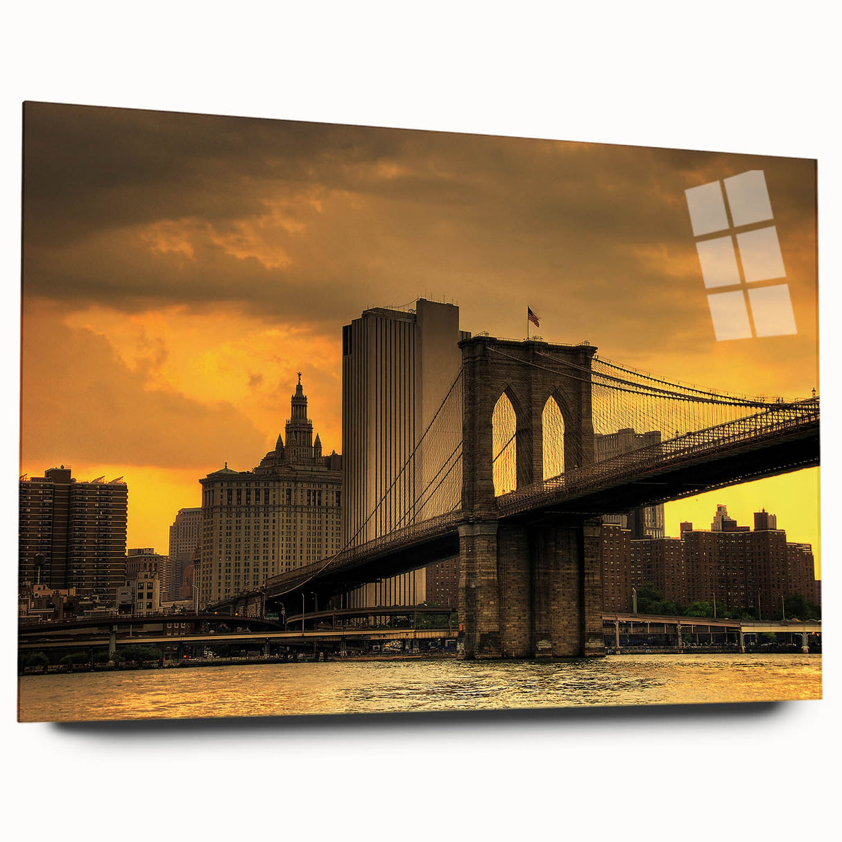 Acrylic print of the Brooklyn Bridge in grayscale tones, suitable for bedroom or dining room decor.