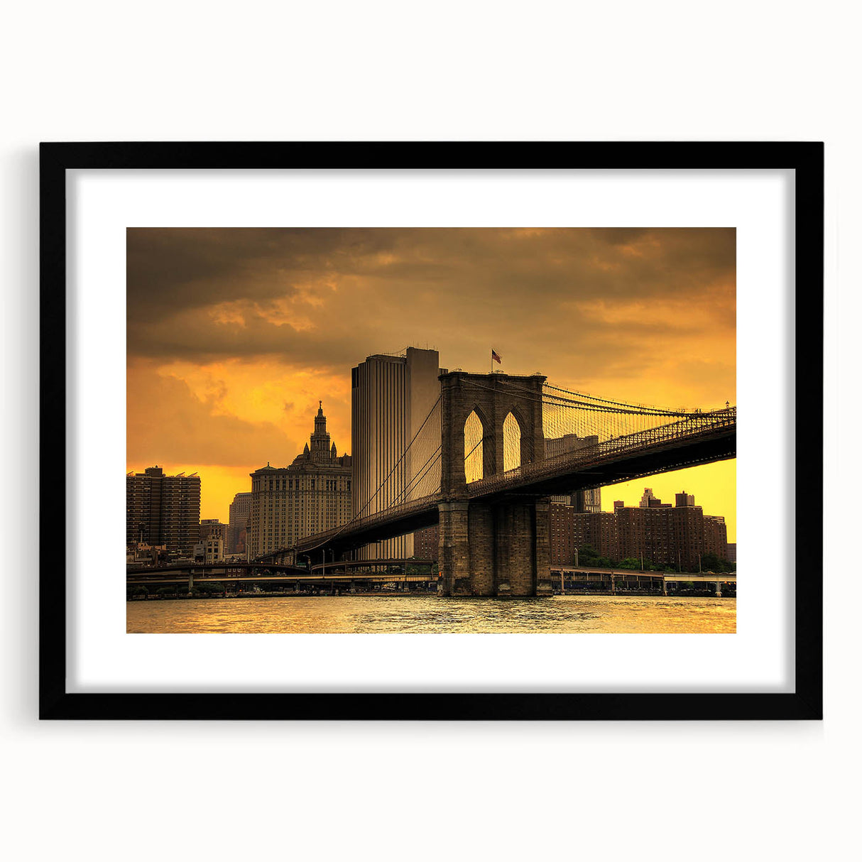 Abstract art print of Brooklyn Bridge in colorful, textured style on a large framed canvas, suitable for living room decor.