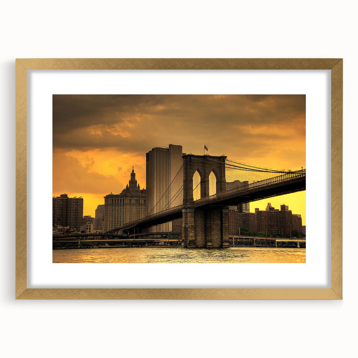 Extra large abstract art print of the Brooklyn Bridge in muted gray and blue tones on a textured canvas.
