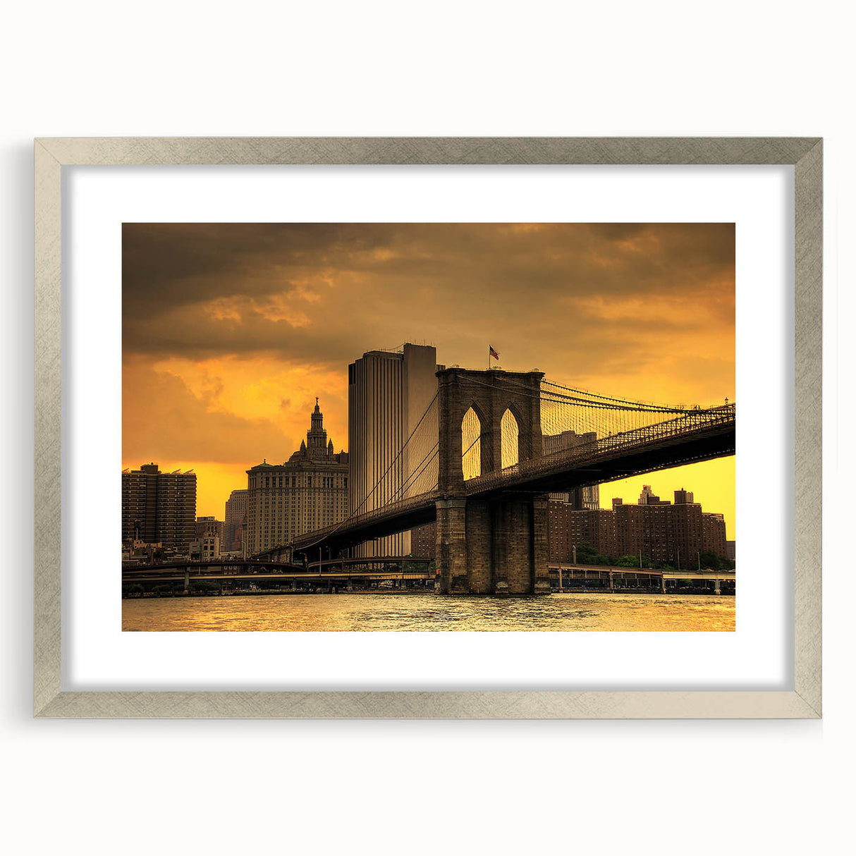 Textured art print of the Brooklyn Bridge in muted grays and silvers, framed in silver, ideal for bedroom art.