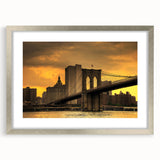 Textured art print of the Brooklyn Bridge in muted grays and silvers, framed in silver, ideal for bedroom art.