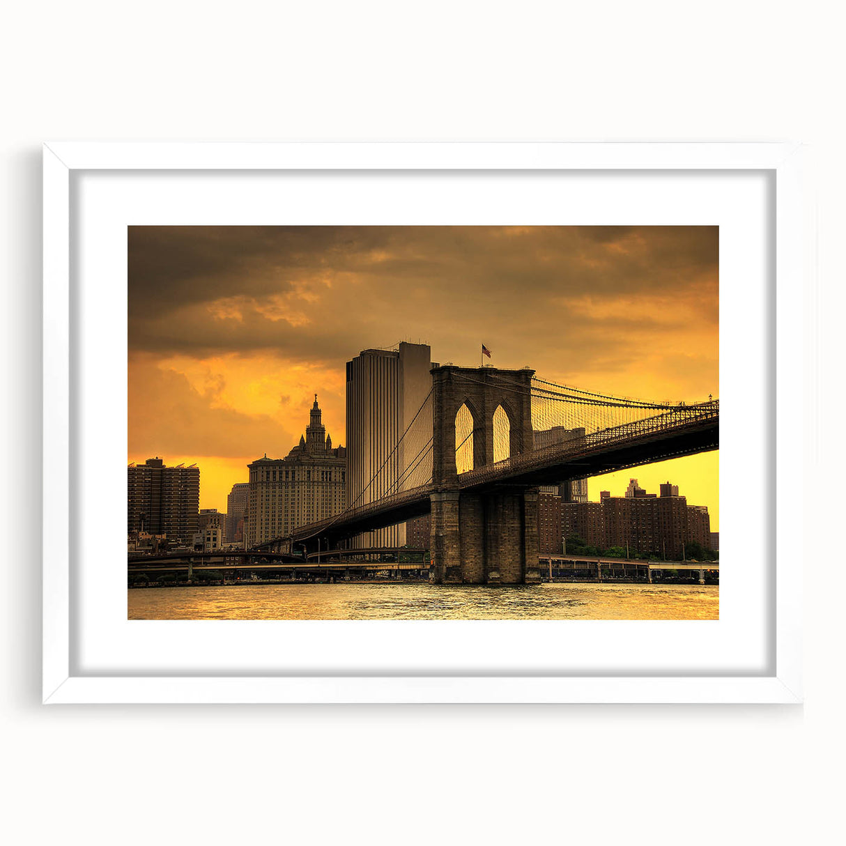 Abstract art print of the Brooklyn Bridge in muted gray and blue tones on a framed white mat, ideal for dining room decor.