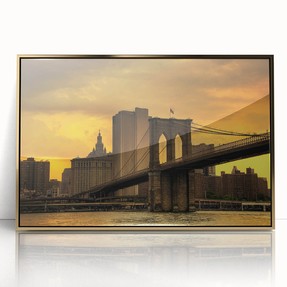 Acrylic print of the Brooklyn Bridge in muted gold and gray tones, framed, ideal for modern art wall decor.