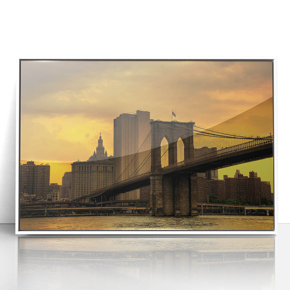 Acrylic print of Brooklyn Bridge with muted gray and blue tones, ideal for modern art wall decor.