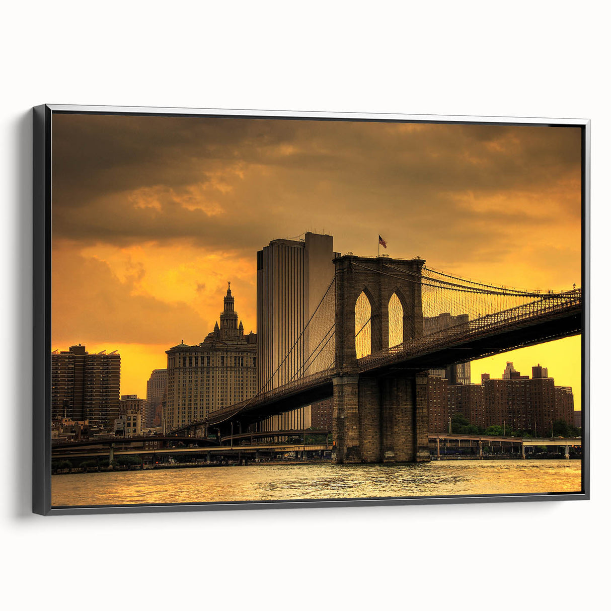 Black and white framed canvas of the Brooklyn Bridge, ideal for bedroom wall art with a vintage poster style.