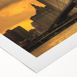 Art deco poster of the Brooklyn Bridge in muted metallic tones on rolled canvas, suitable for dining room decor.