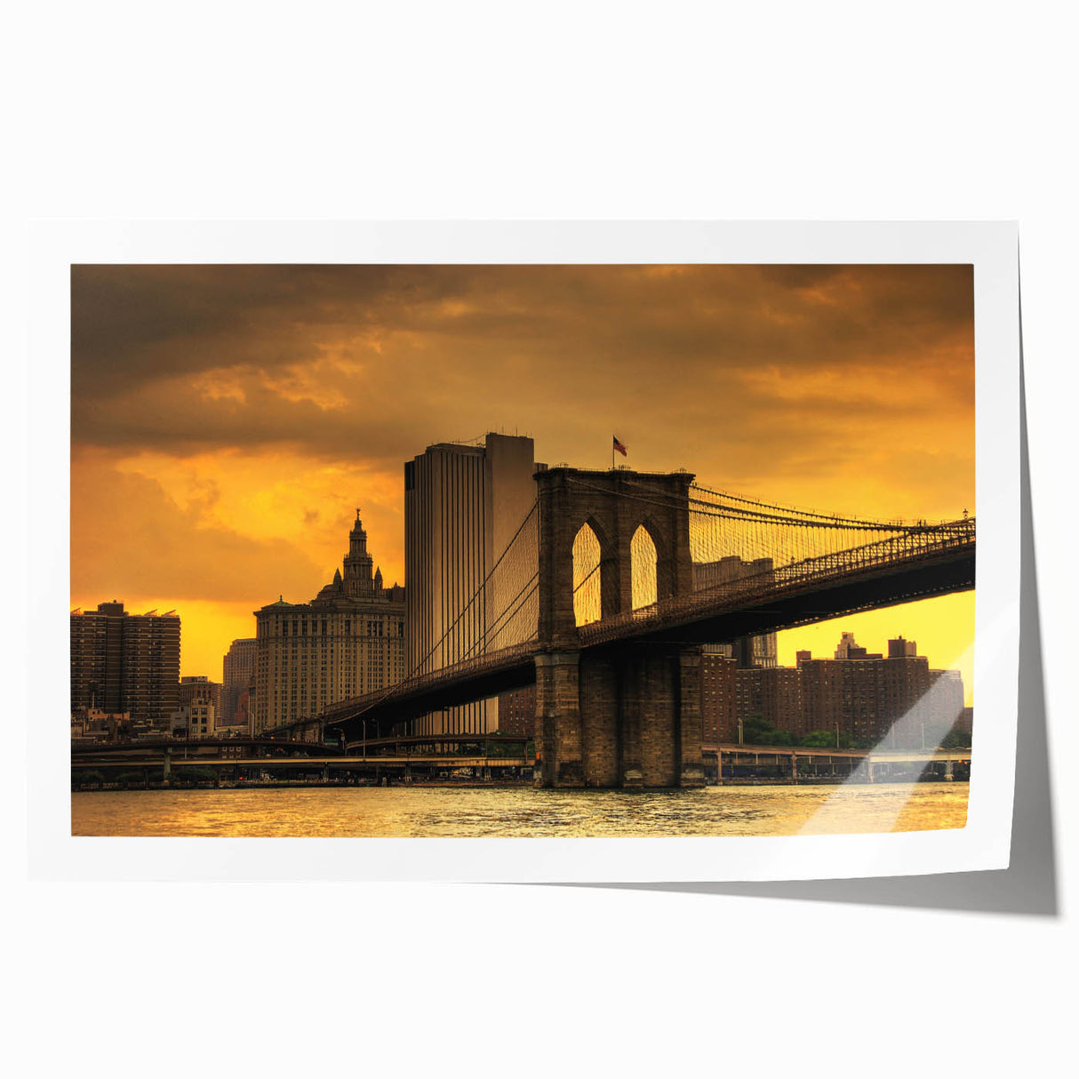 Rolled print of the Brooklyn Bridge in grayscale, suitable as art wall for dining room.