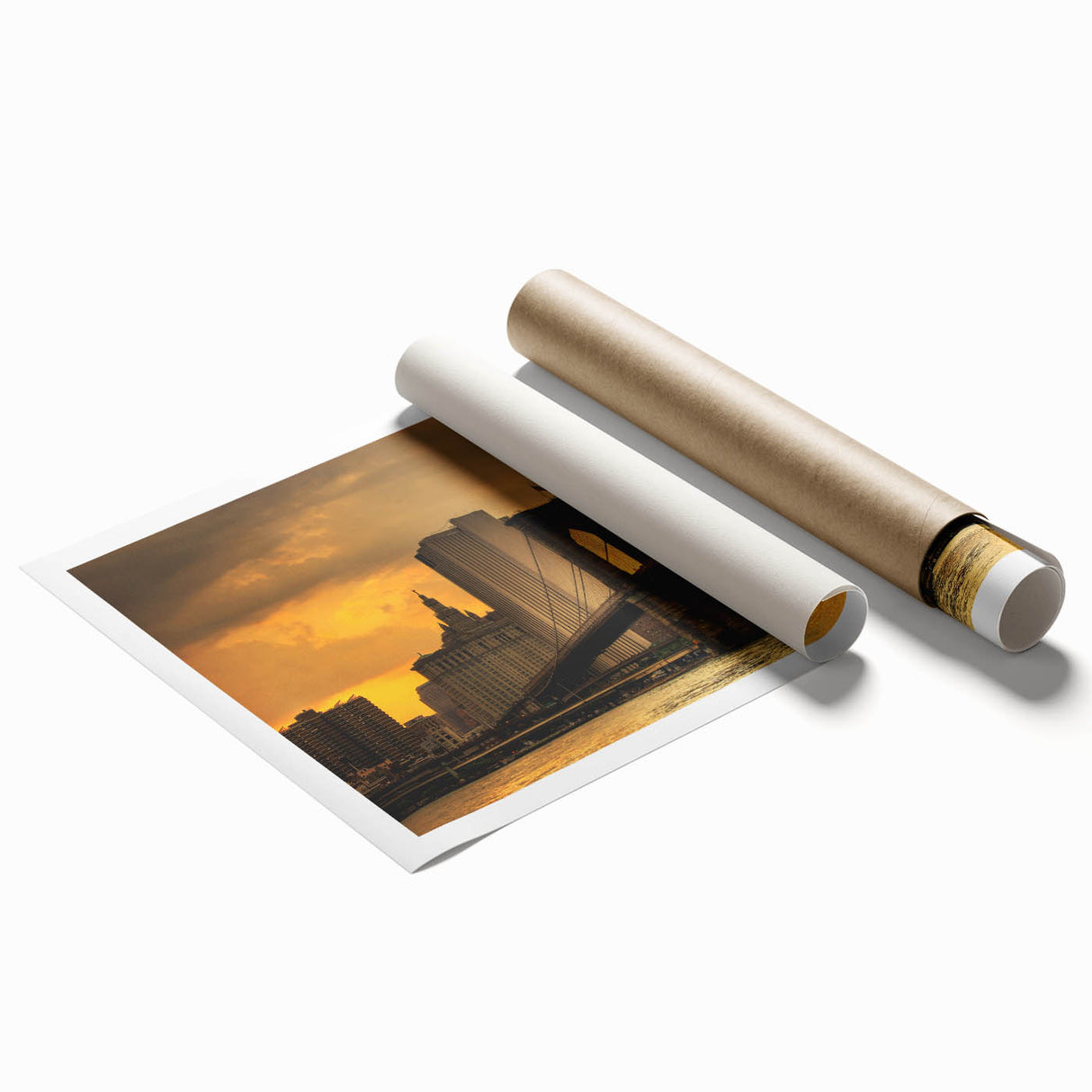 Rolled print of the Brooklyn Bridge with muted gray tones, ideal for classy bathroom wall art.