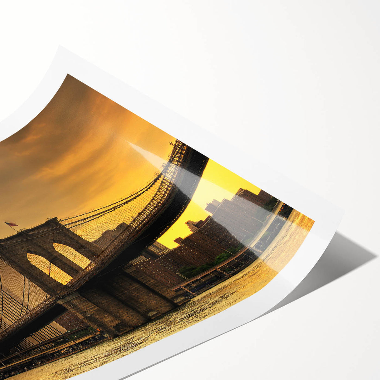 Extra large wall art featuring line art flowers over a grayscale image of the Brooklyn Bridge, printed on rolled canvas.