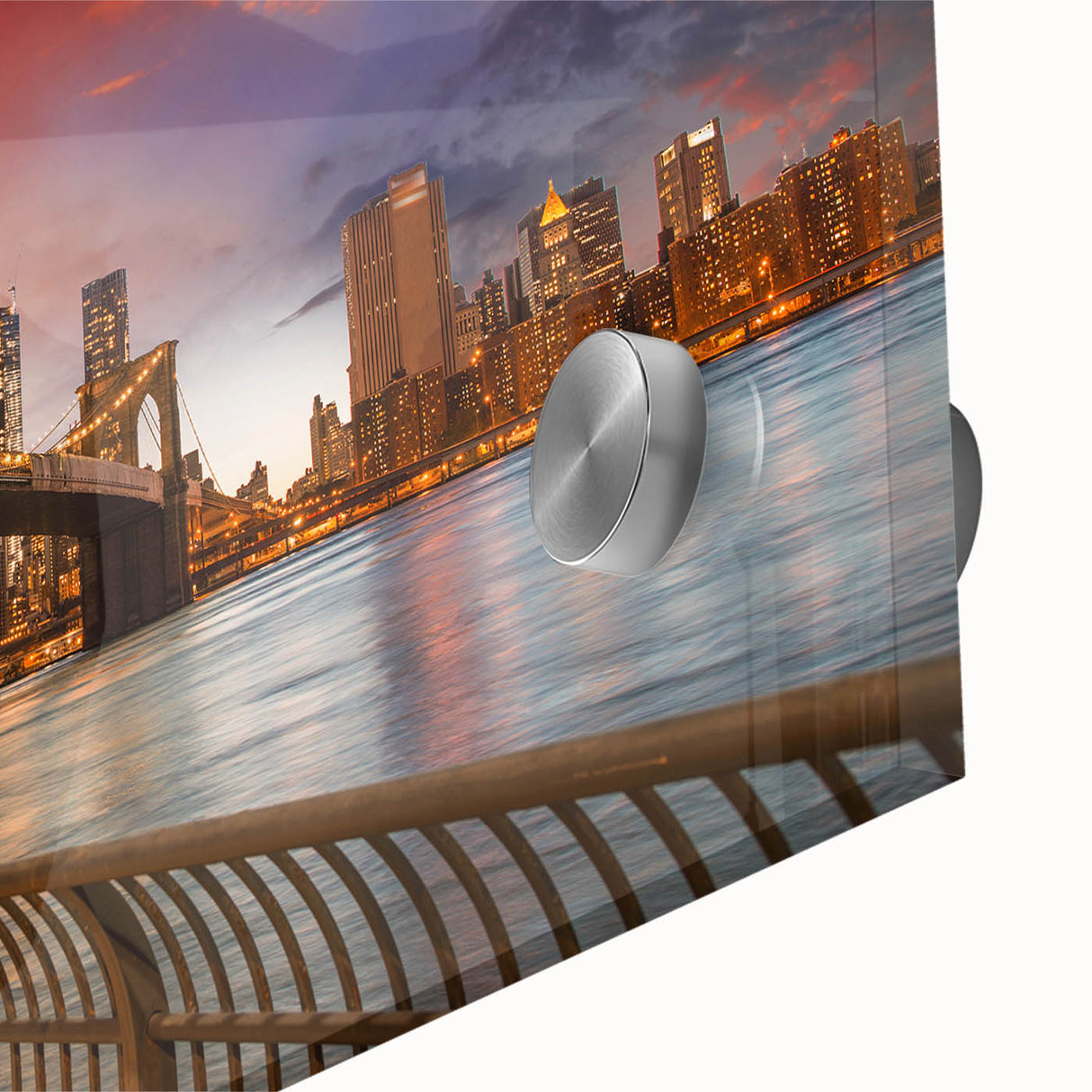 Large abstract depiction of NYC's Brooklyn skyline in muted gray and blue tones on acrylic glass, ideal for dining room art.