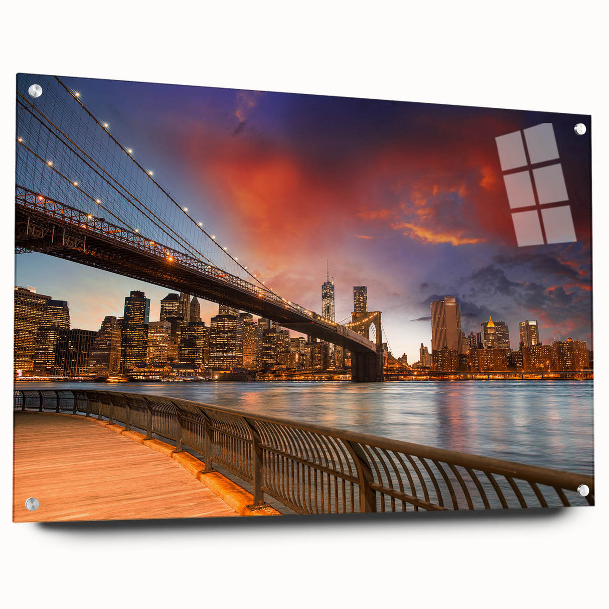 Acrylic print of the Brooklyn skyline in muted grayscale, ideal for dining room decor.