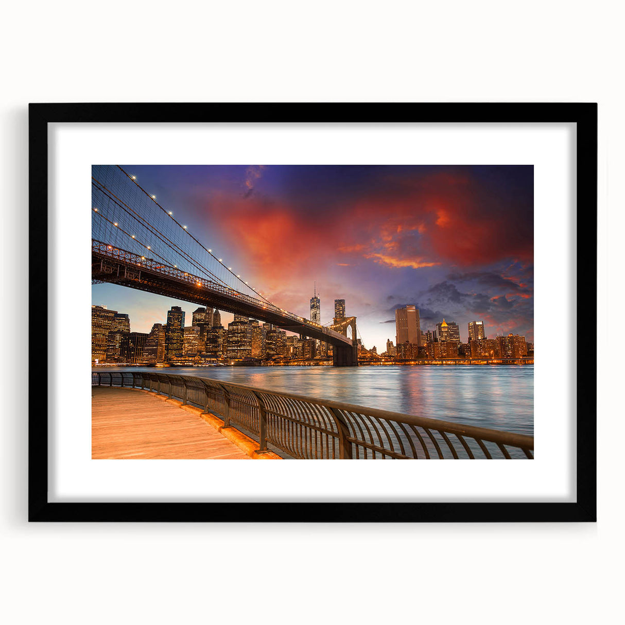 Extra large framed wall art depicting an abstract representation of the Brooklyn skyline in vibrant, colorful hues.