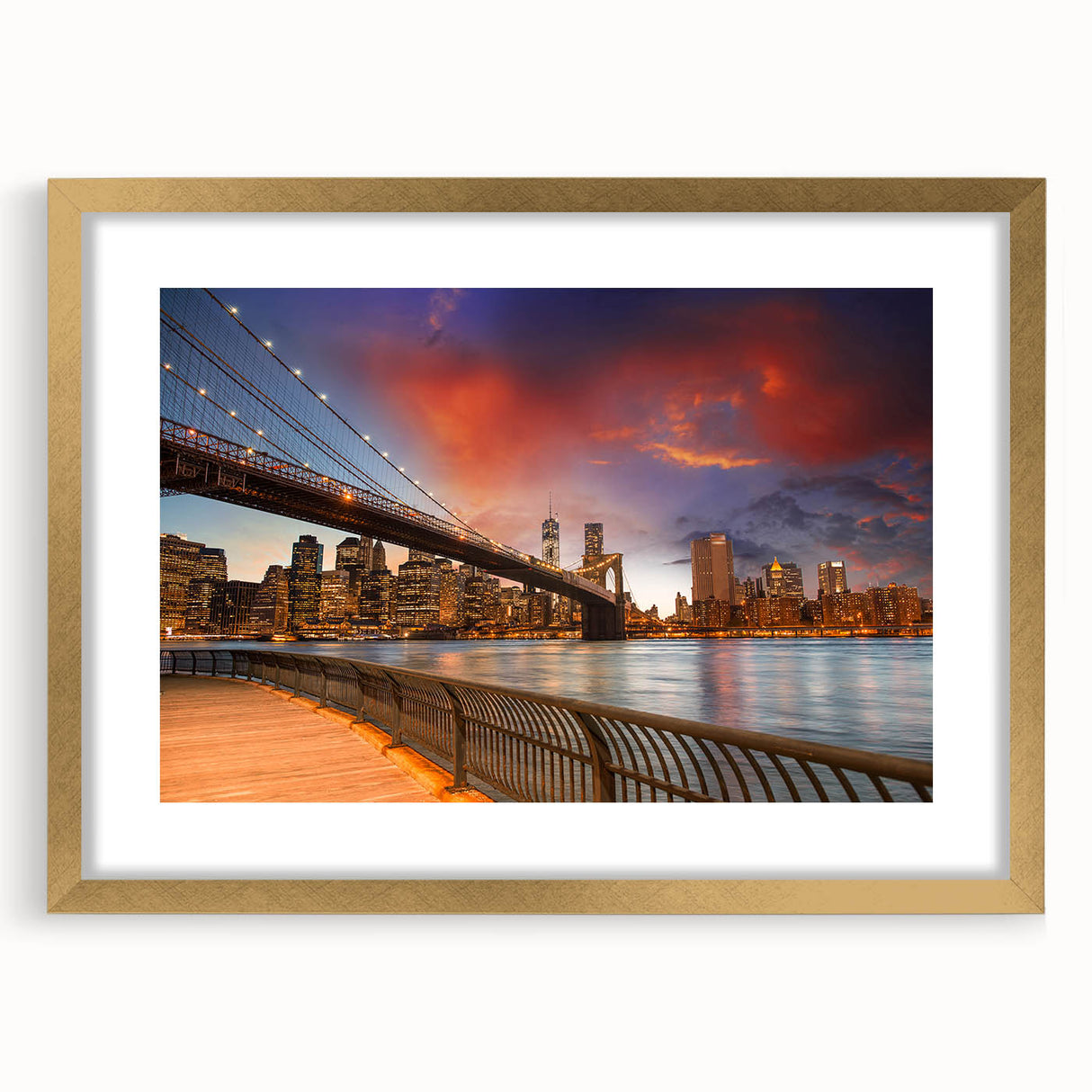 Extra large abstract art print of NYC's Brooklyn skyline in gold frame, featuring textured blue and gray hues.