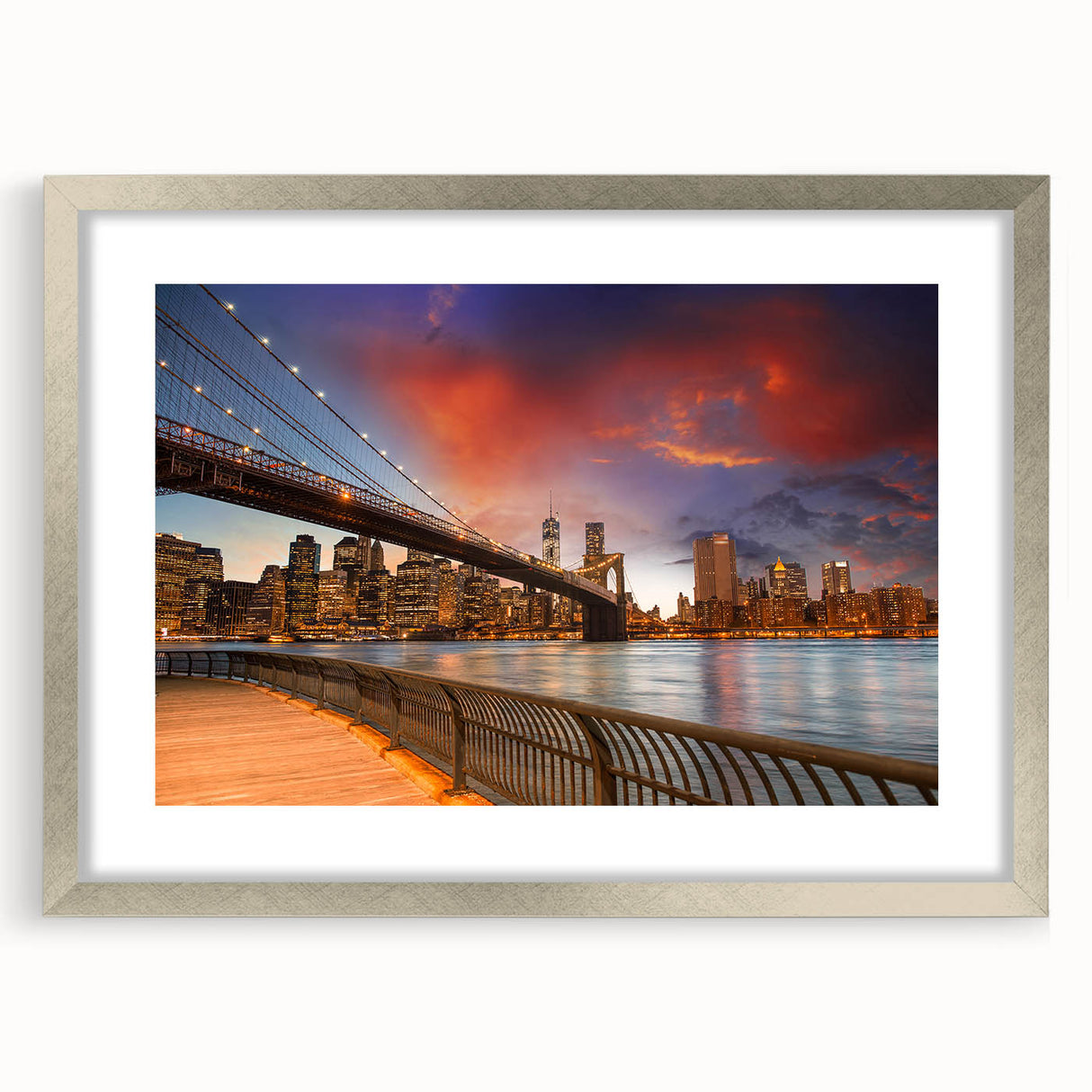 Textured art print of abstract Brooklyn skyline in muted gray tones, framed in silver, ideal for bedroom wall decor.