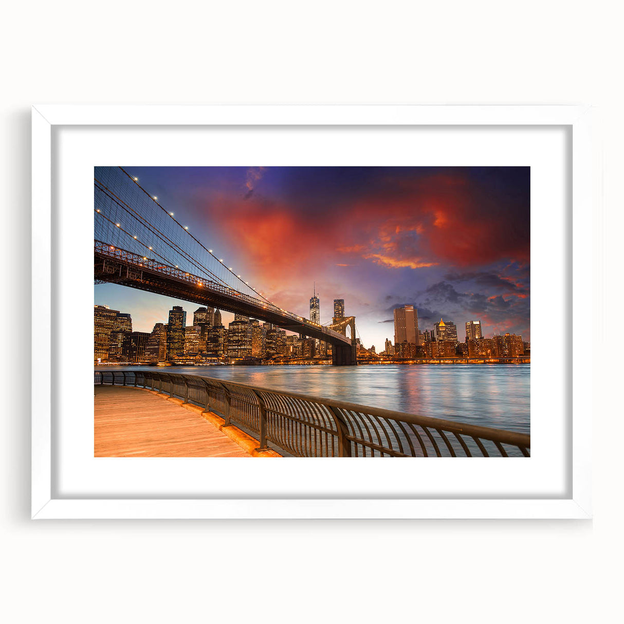 Abstract art print of Brooklyn Bridge in monochrome shades, framed with white mat, suitable for bedroom or dining room decor.