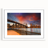Abstract art print of Brooklyn Bridge in monochrome shades, framed with white mat, suitable for bedroom or dining room decor.