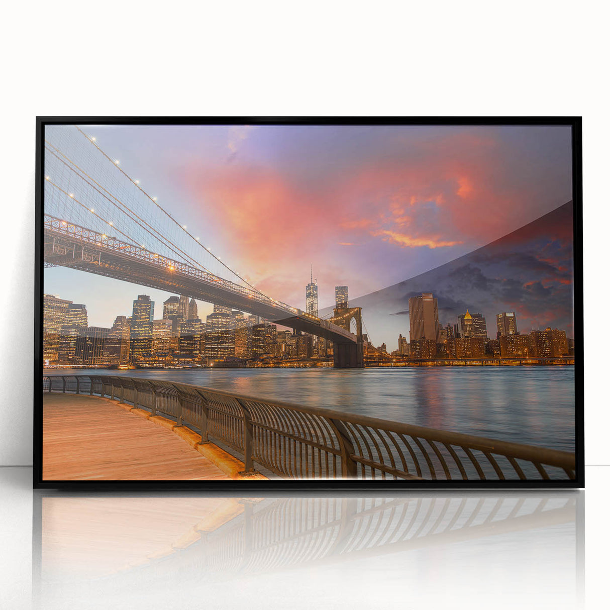 Large abstract wall art depicting the Brooklyn skyline in muted black and gray tones, framed in acrylic.