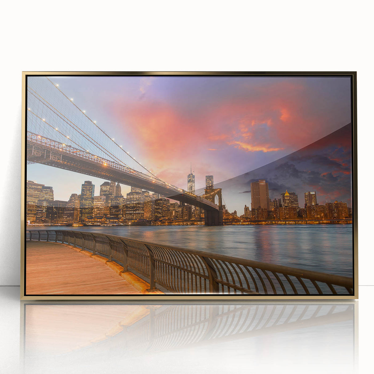 Mid-century modernist large art print of the NYC skyline in gold tones on framed acrylic, suitable for modern art wall decor.