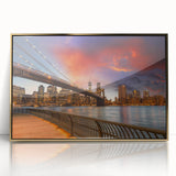 Mid-century modernist large art print of the NYC skyline in gold tones on framed acrylic, suitable for modern art wall decor.