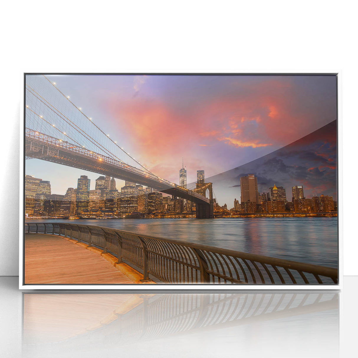 Acrylic print of the Brooklyn skyline in black and white tones, framed in white, suitable for modern nursery decor.
