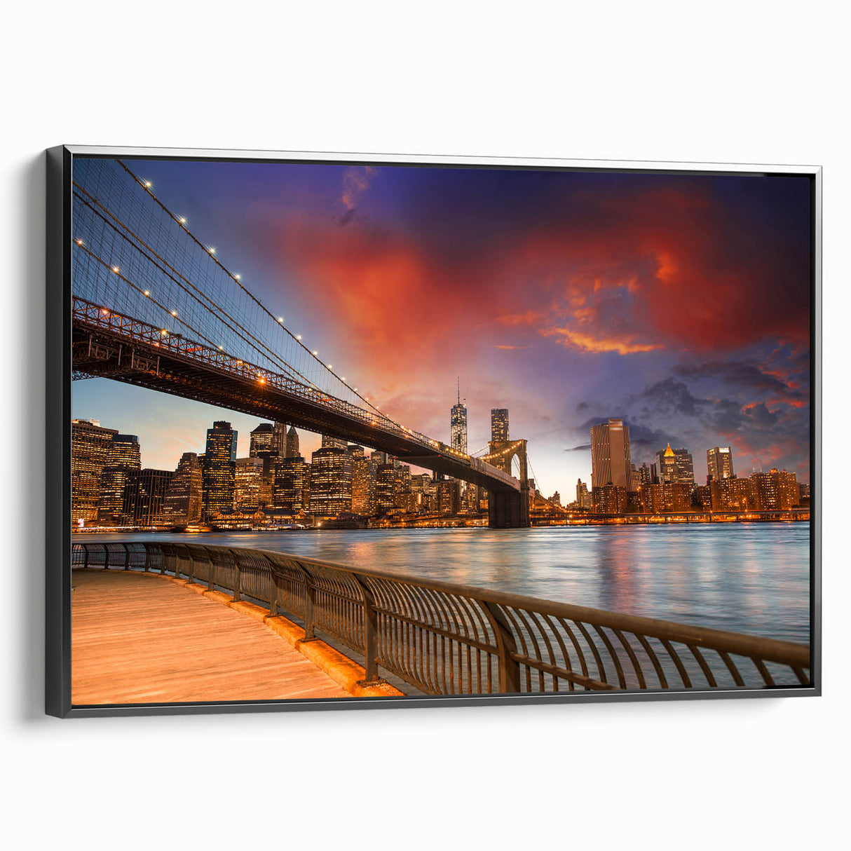 Black and white framed canvas of Brooklyn Bridge and skyline, in vintage poster style, ideal for bedroom wall art.