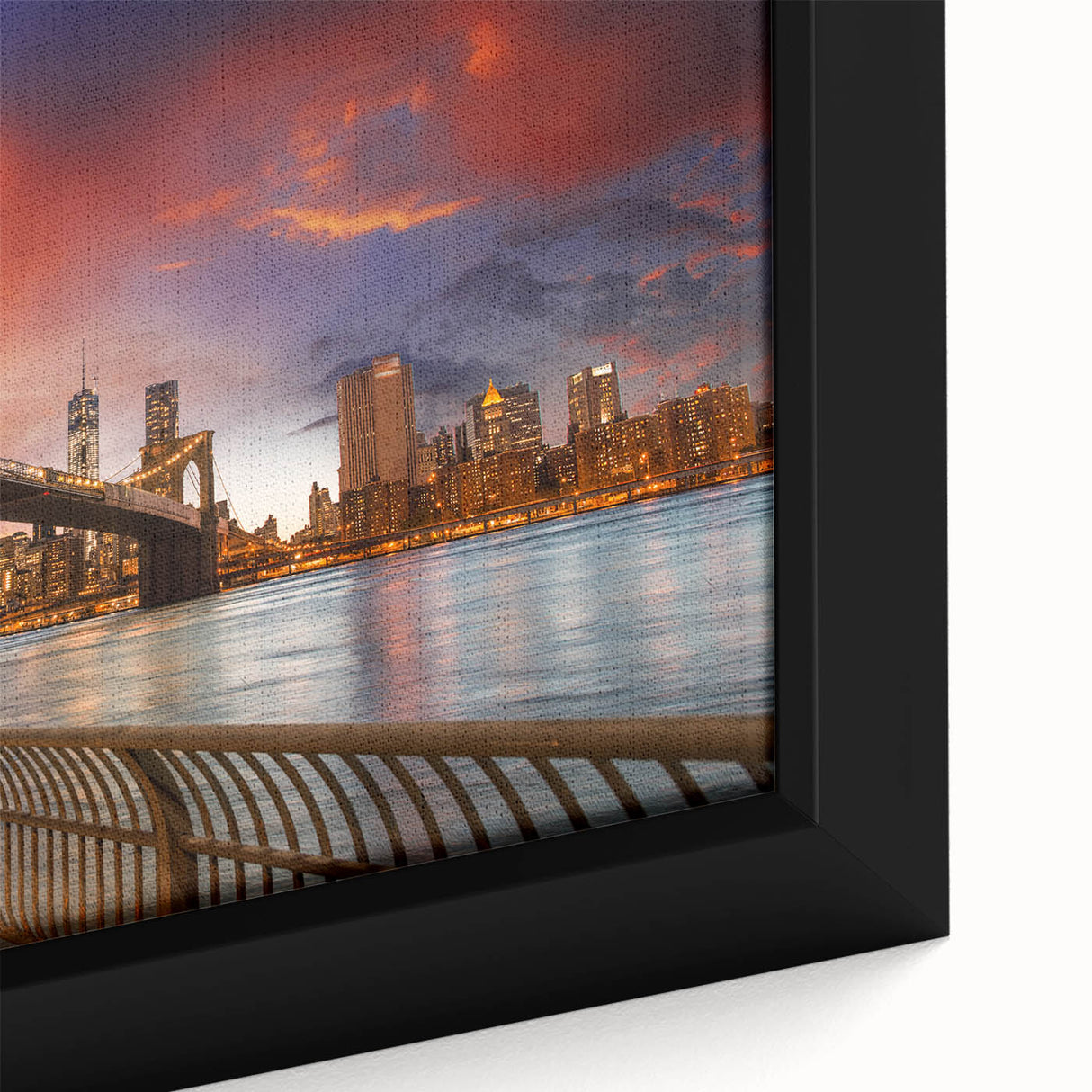 Black wall art featuring a textured, colorful Brooklyn Bridge scene on a framed canvas, ideal for living room decor.