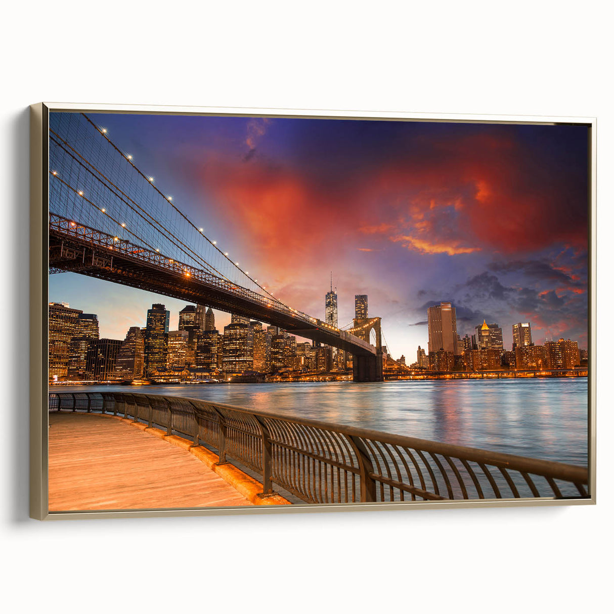 Framed canvas featuring a vintage-style Brooklyn landscape in black and gold tones, ideal for bedroom wall art.