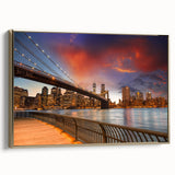 Framed canvas featuring a vintage-style Brooklyn landscape in black and gold tones, ideal for bedroom wall art.