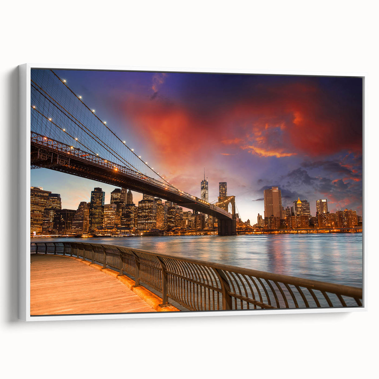 Vintage poster art of NYC skyline in colorful hues on extra large framed canvas, ideal for living room decor.