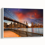 Vintage poster art of NYC skyline in colorful hues on extra large framed canvas, ideal for living room decor.