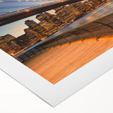 Art Deco poster of Brooklyn Bridge with muted gray and blue tones on rolled canvas, suitable for dining room wall art.
