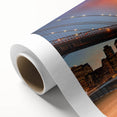 Art deco poster of Brooklyn Bridge in muted gray tones on rolled canvas, ideal for nursery wall art or dining room.