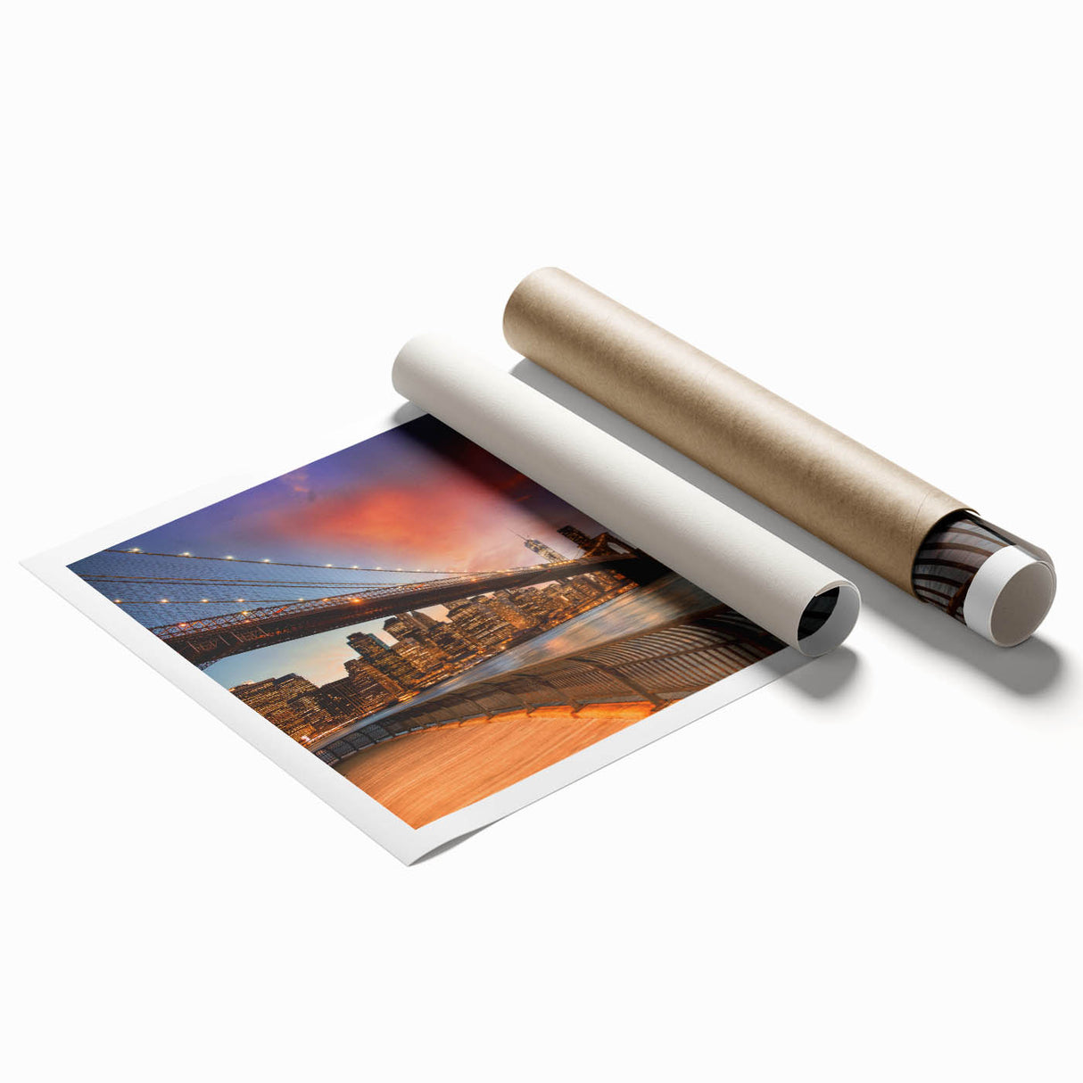 Extra large rolled print of Brooklyn Bridge with soft gray and blue tones, ideal for classy bathroom wall art.