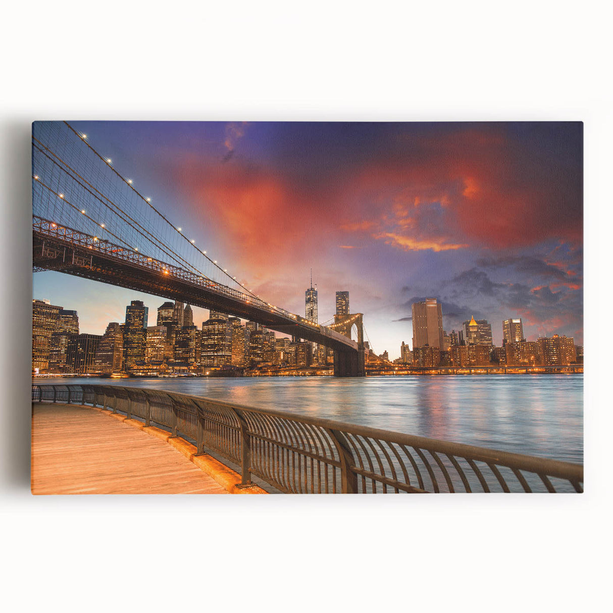 Black and white stretched canvas depicting the Brooklyn Bridge, ideal for kitchen wall art.