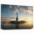 Acrylic print of Ellis Island with a detailed skyline in muted sepia tones, suitable for dining room decor.