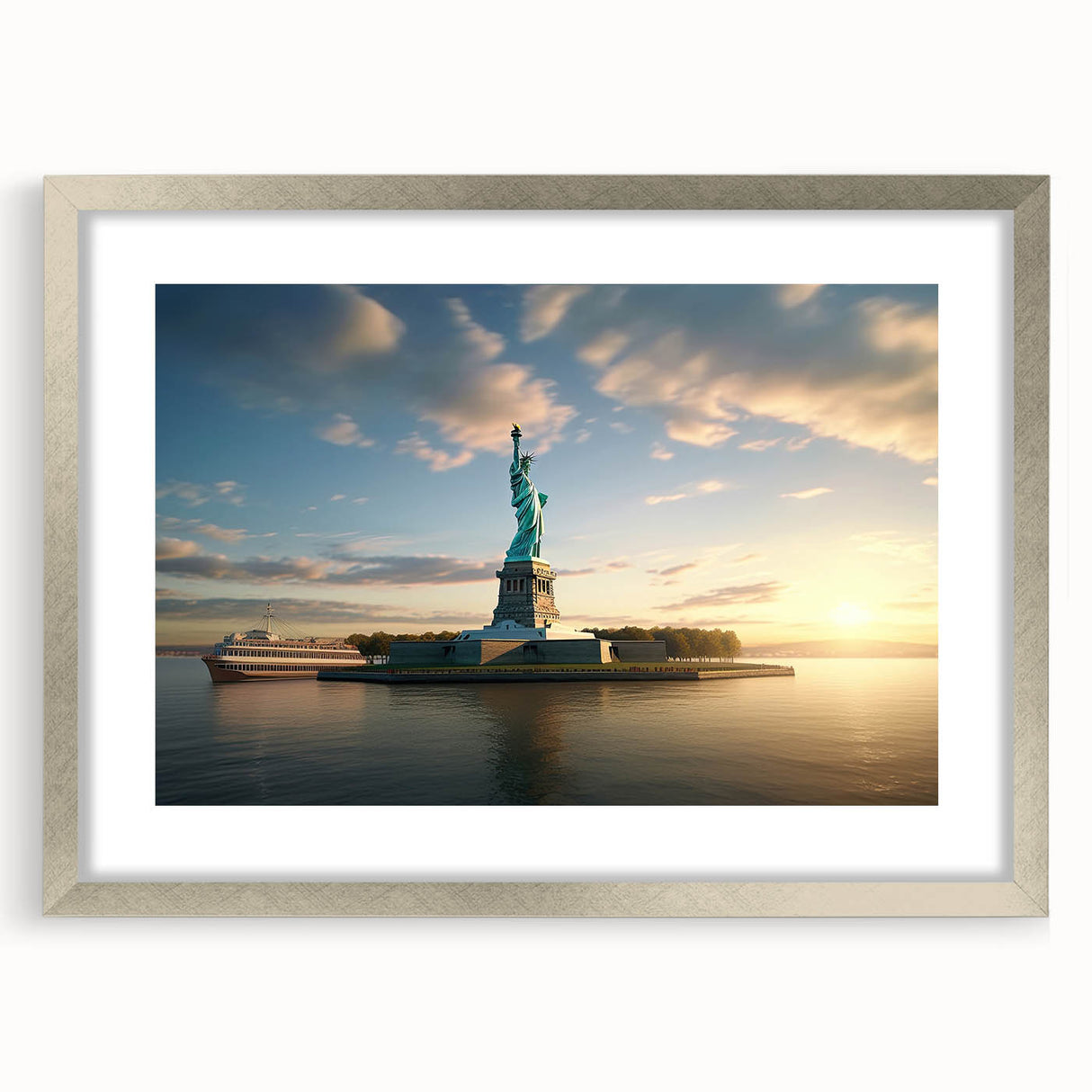 Textured art print of abstract Ellis Island, featuring muted blue and gray tones on a framed silver mat.
