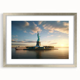 Textured art print of abstract Ellis Island, featuring muted blue and gray tones on a framed silver mat.