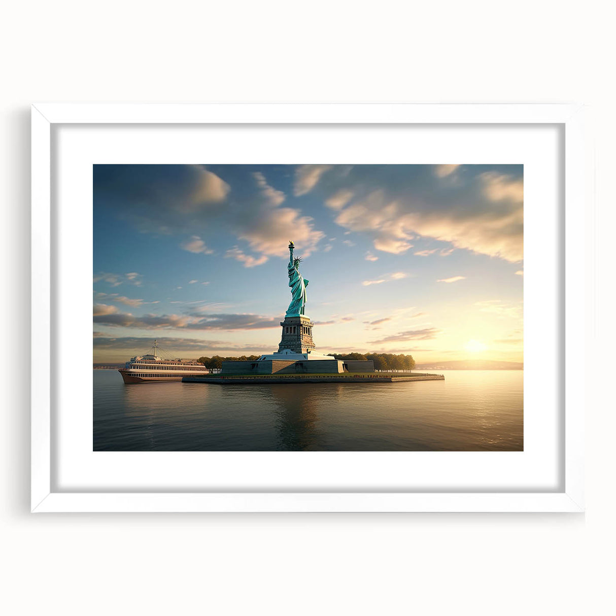 Abstract art print of Ellis Island in muted blue and gray tones, framed with a white mat, suitable for dining room decor.