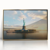 Mid-century modernist style large art print of Ellis Island in muted gold and blue tones, framed acrylic.
