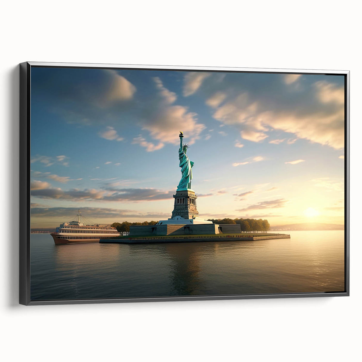 Black and white framed canvas of Ellis Island, featuring a vintage poster art style, ideal for bedroom wall decor.