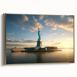 Framed canvas wall art depicting a vintage-style black and gold Ellis Island landscape, ideal for bedroom decor.