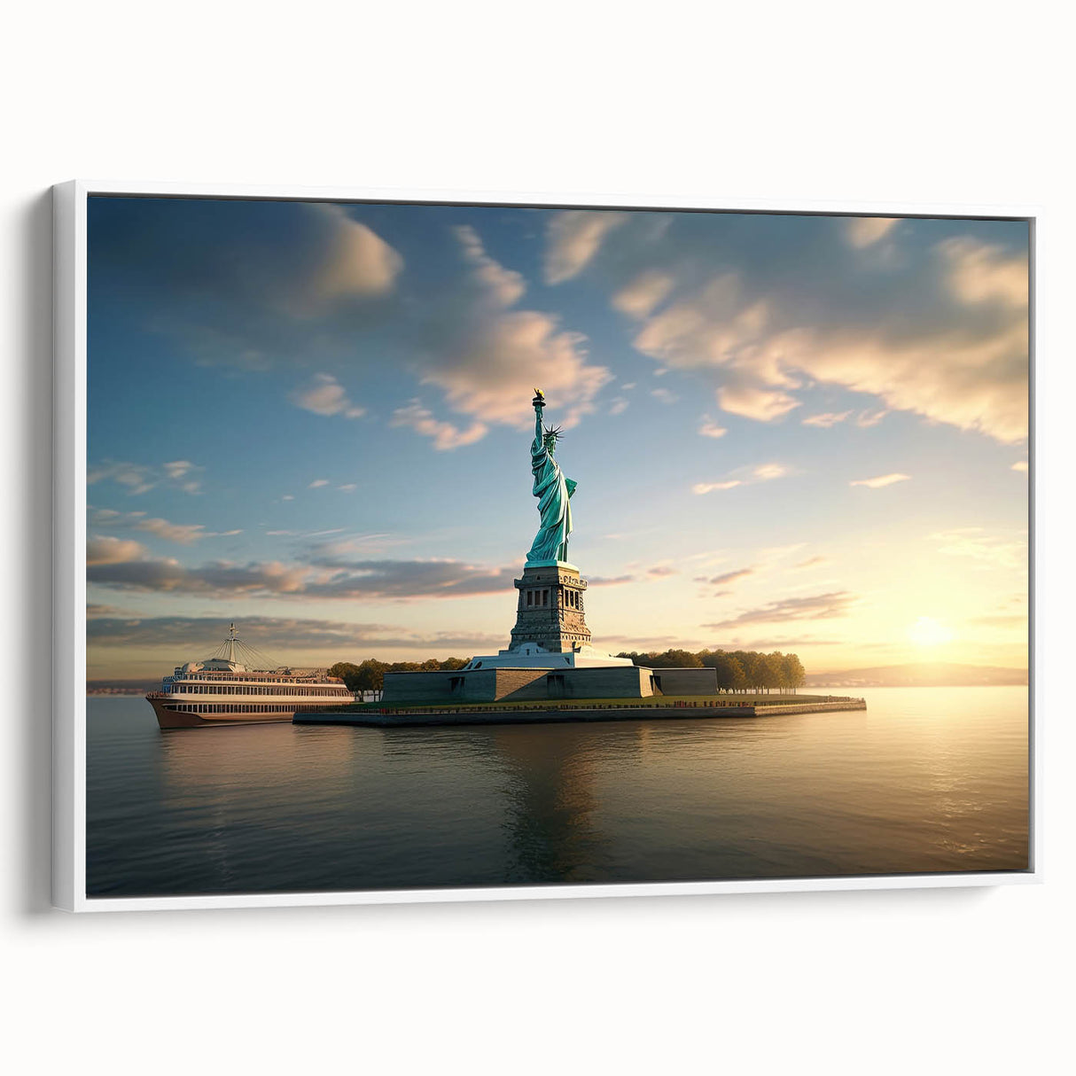 Vintage poster art of Ellis Island in colorful tones on a large framed canvas, ideal for living room decor.