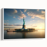 Vintage poster art of Ellis Island in colorful tones on a large framed canvas, ideal for living room decor.
