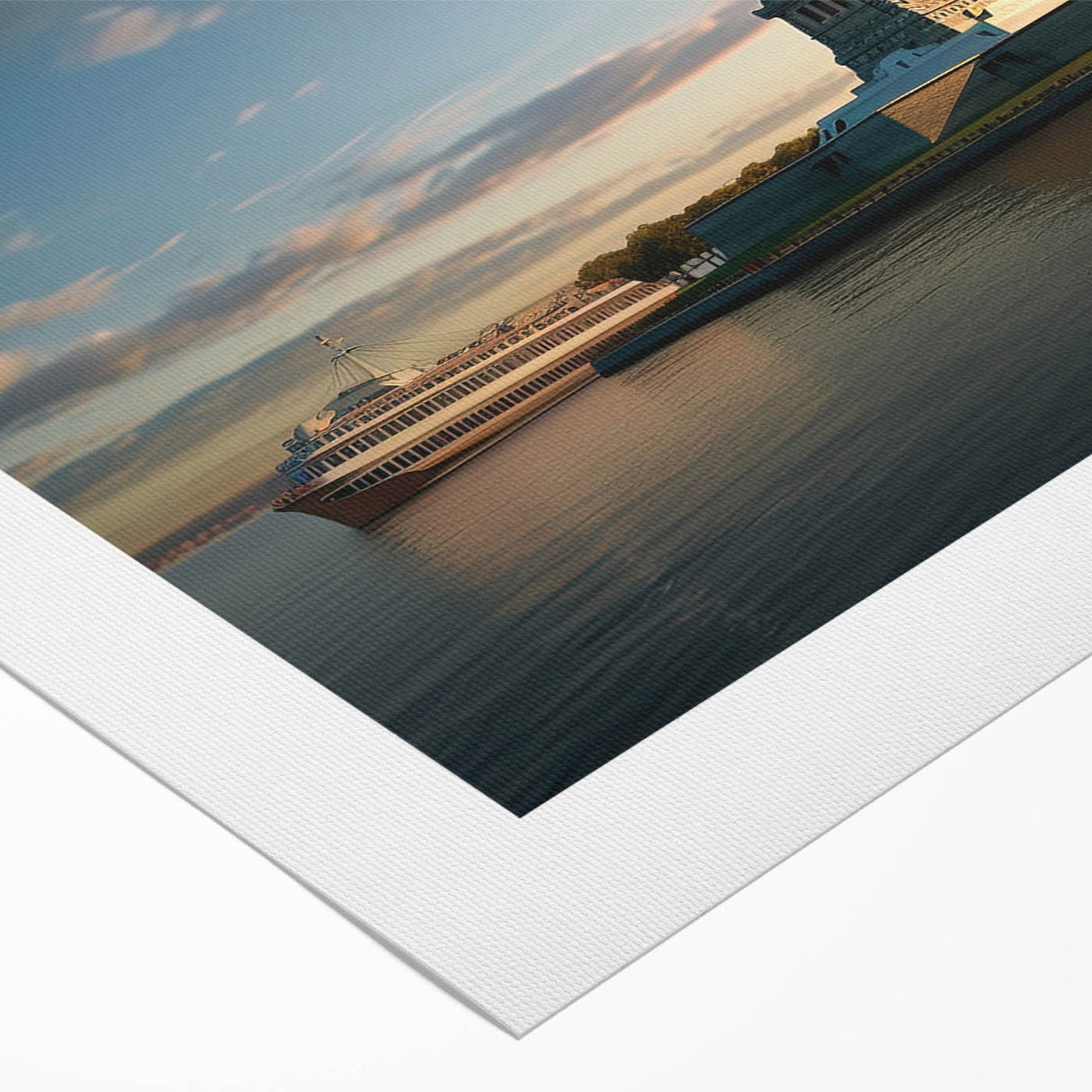 Art deco poster of Ellis Island with muted blue and beige tones on rolled canvas, suitable for dining room wall art.