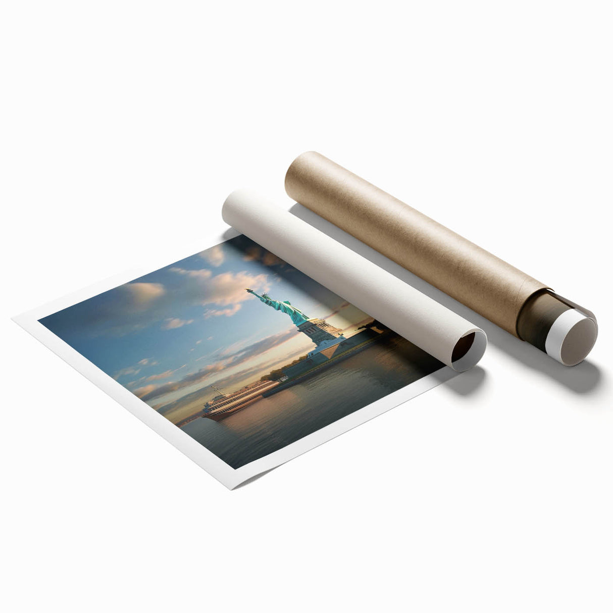 Extra large rolled print featuring Ellis Island in muted blue and green tones, suitable for classy bathroom wall art.